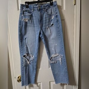 Garage Denim High Waist Ripped Mom Jeans, Straight Relaxed Leg, Raw Hem, EUC!